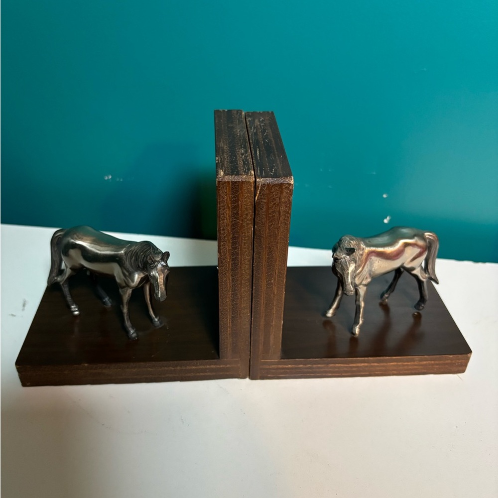 Wooden Base With Metallic Horse Bookends
